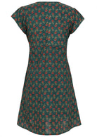 Back mannequin photo of cotton above knee dress in bottle green based floral print. 