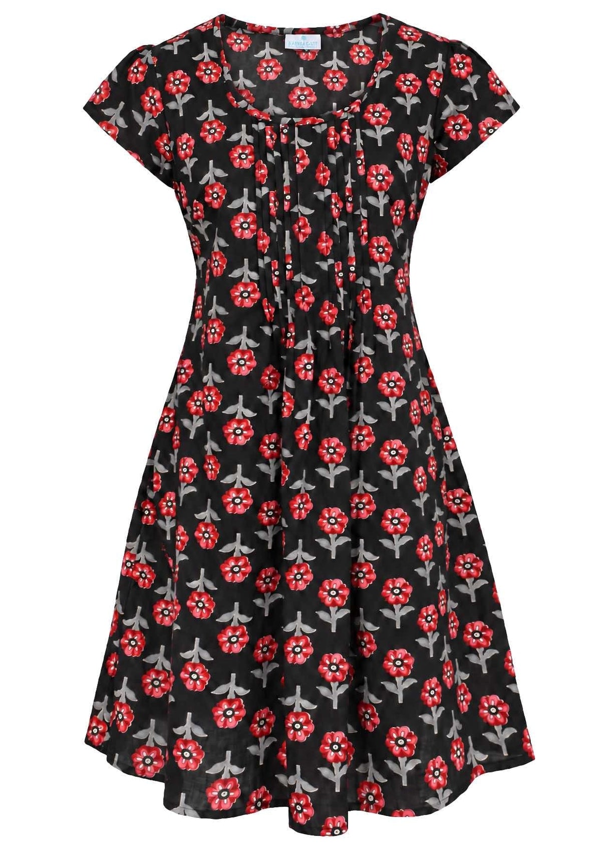 Front mannequin photo of cotton above knee dress in black based floral print.
