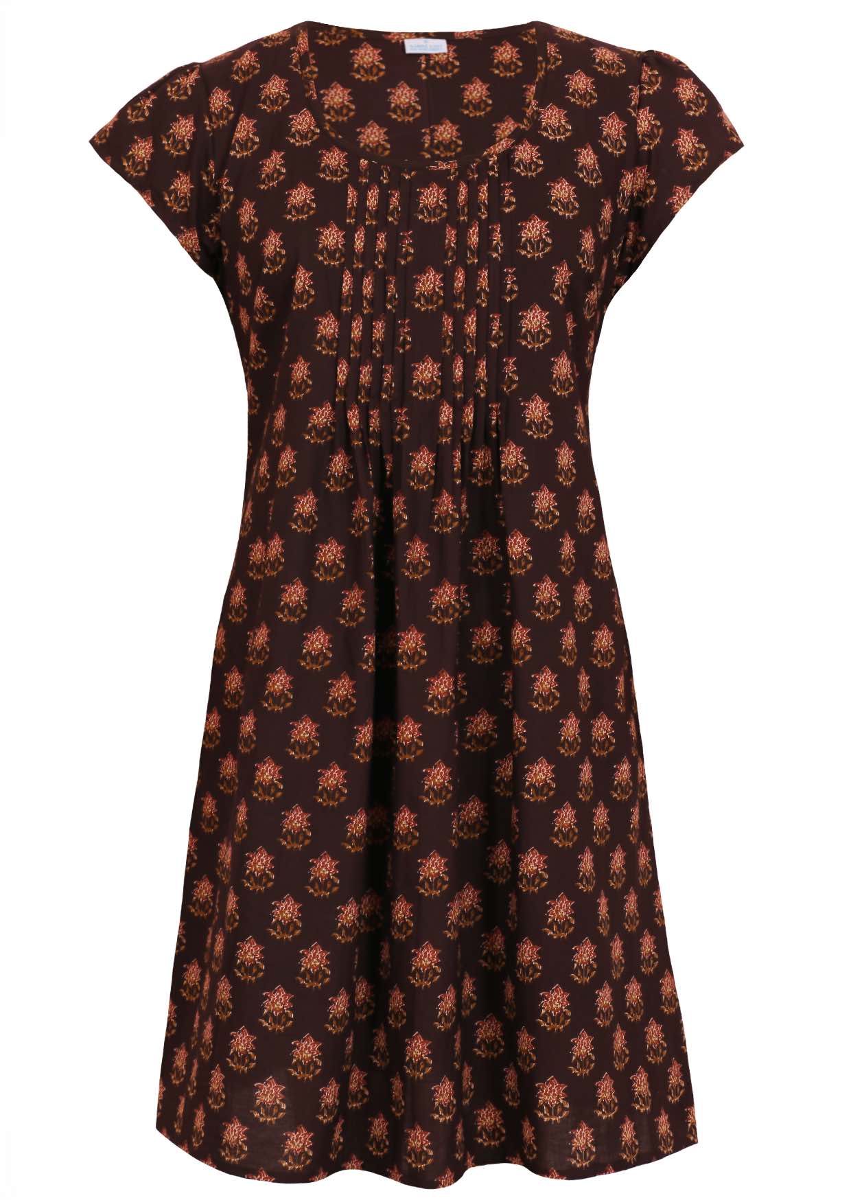 Knee length cotton dress in brown based floral print, round neckline and pleated bodice.
