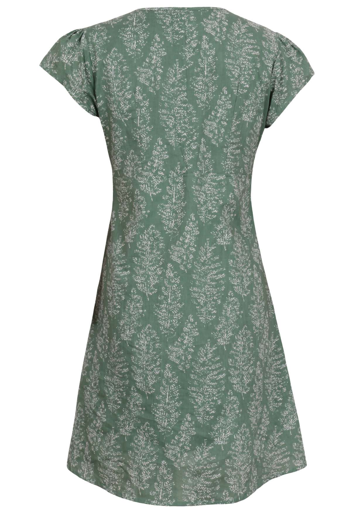Back mannequin photo of cotton above knee dress in sage green based floral print. 