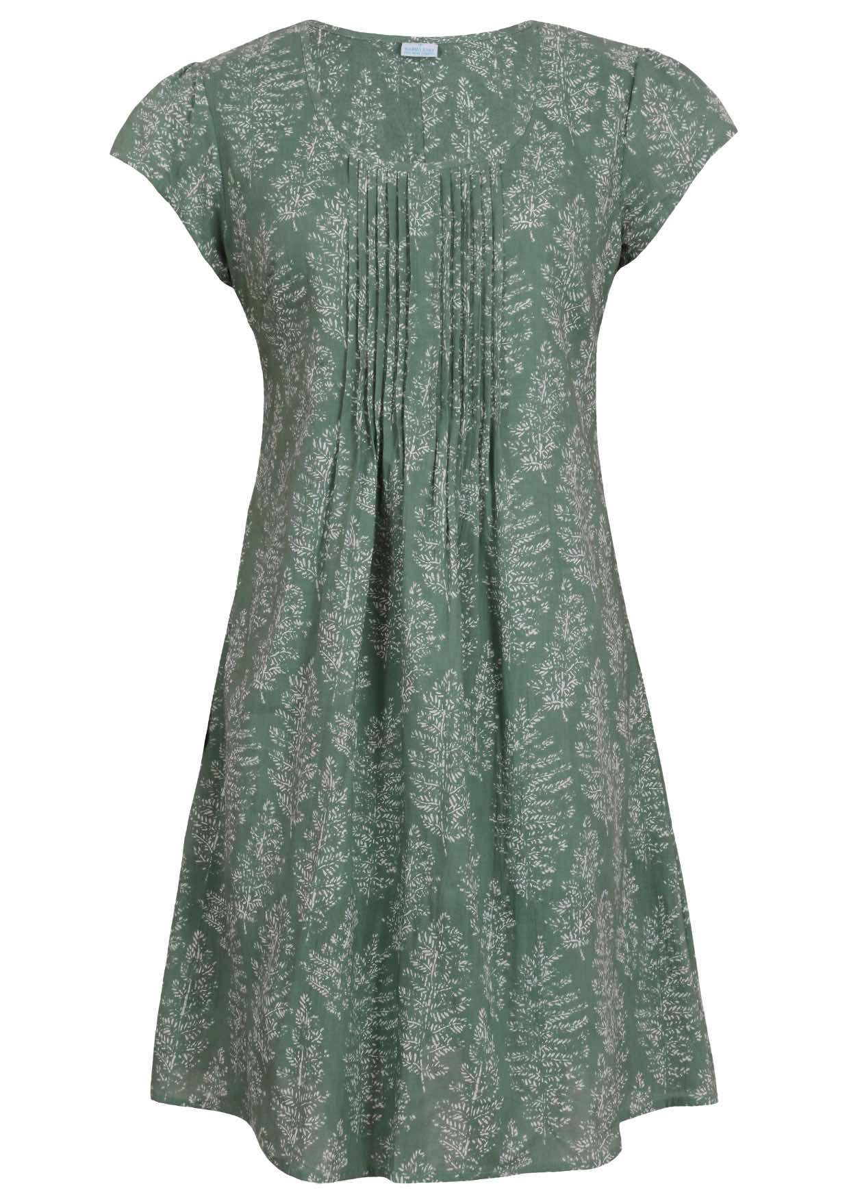 Front mannequin photo of cotton above knee dress in sage green based floral print.