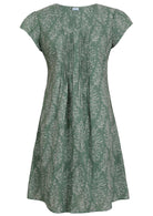Front mannequin photo of cotton above knee dress in sage green based floral print.