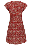 Back mannequin photo of cotton above knee dress in red based floral print. 