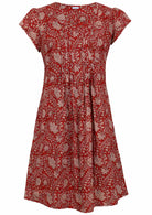 Front mannequin photo of cotton above knee dress in red based warm floral print.