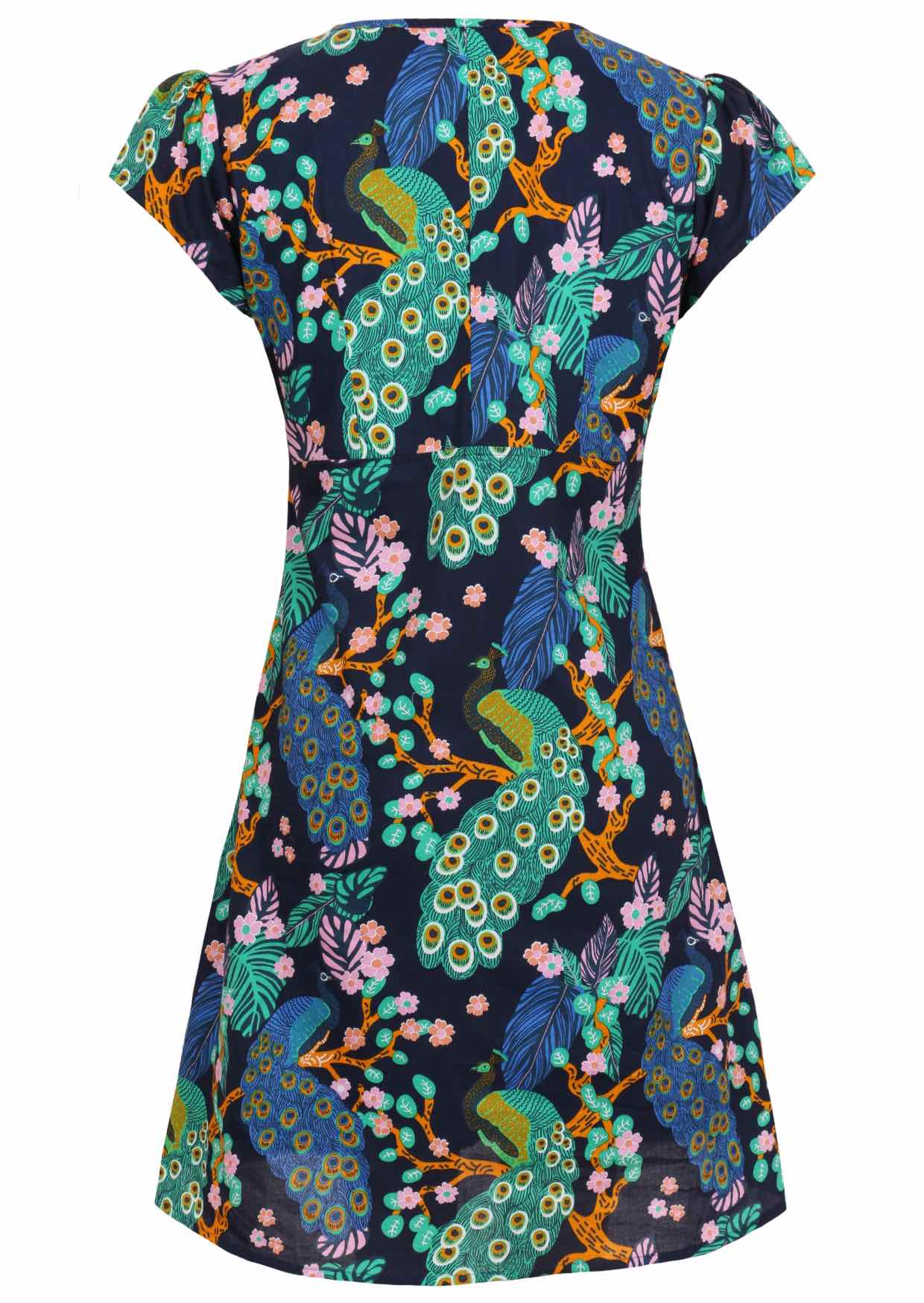 Back mannequin photo of cotton above knee dress in navy blue based floral print. 