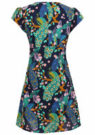 Back mannequin photo of cotton above knee dress in navy blue based floral print. 
