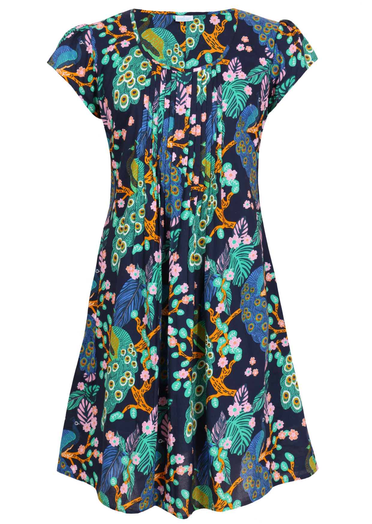 Front mannequin photo of cotton above knee dress in navy blue based floral print.