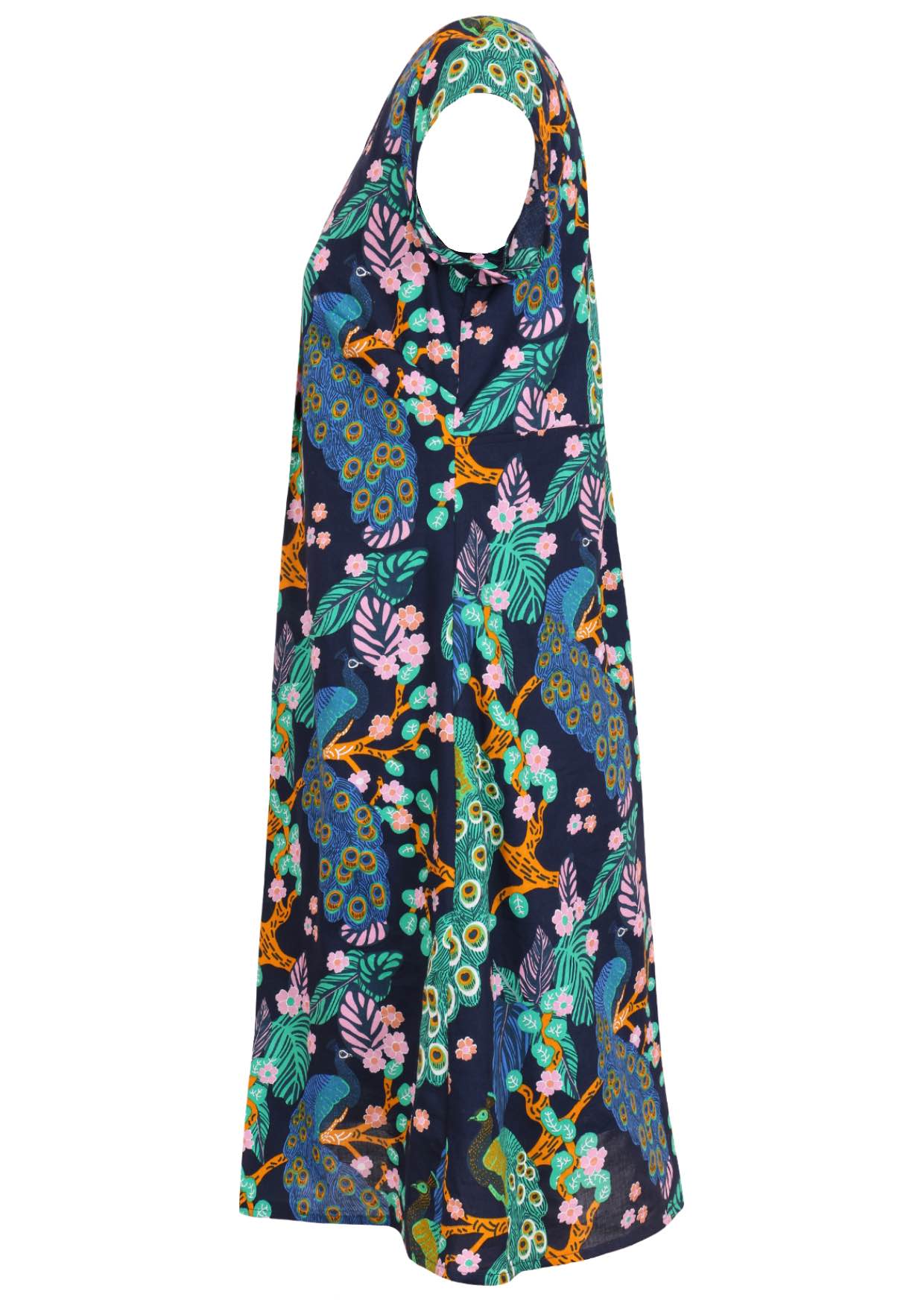 Side mannequin photo of cotton above knee dress with cap sleeves. 