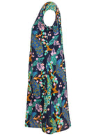 Side mannequin photo of cotton above knee dress with cap sleeves. 