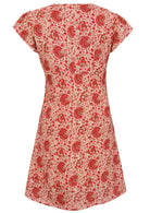 Back mannequin photo of cotton above knee dress in cream based warm floral print. 