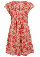 Front mannequin photo of cotton above knee dress in cream based warm floral print.