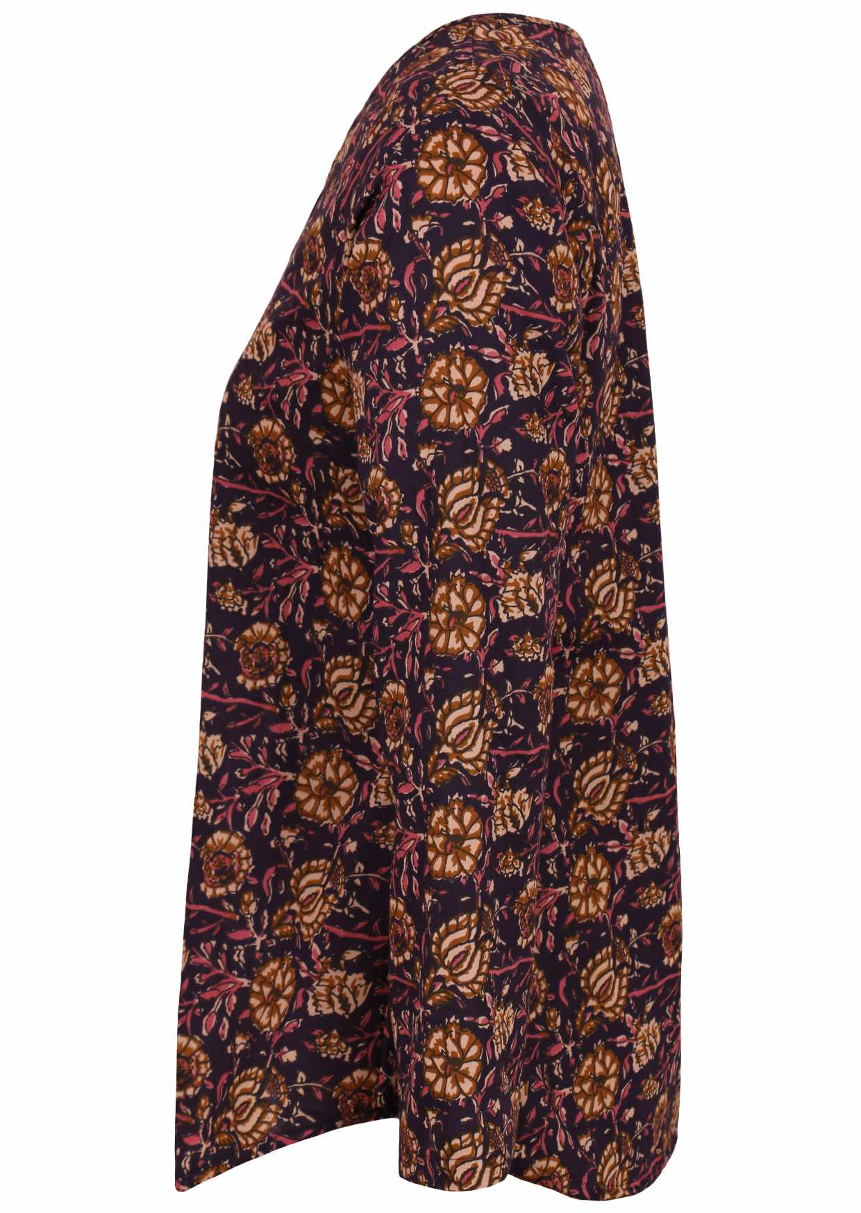 Side image of lightweight cotton, long sleeve top in dark purple based floral print on it.
