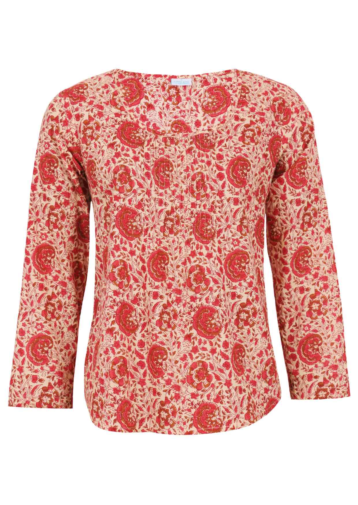 Lightweight 100% cotton top showcasing a simple round neckline, long sleeves and pleats across the bodice.