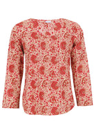 Lightweight 100% cotton top showcasing a simple round neckline, long sleeves and pleats across the bodice.
