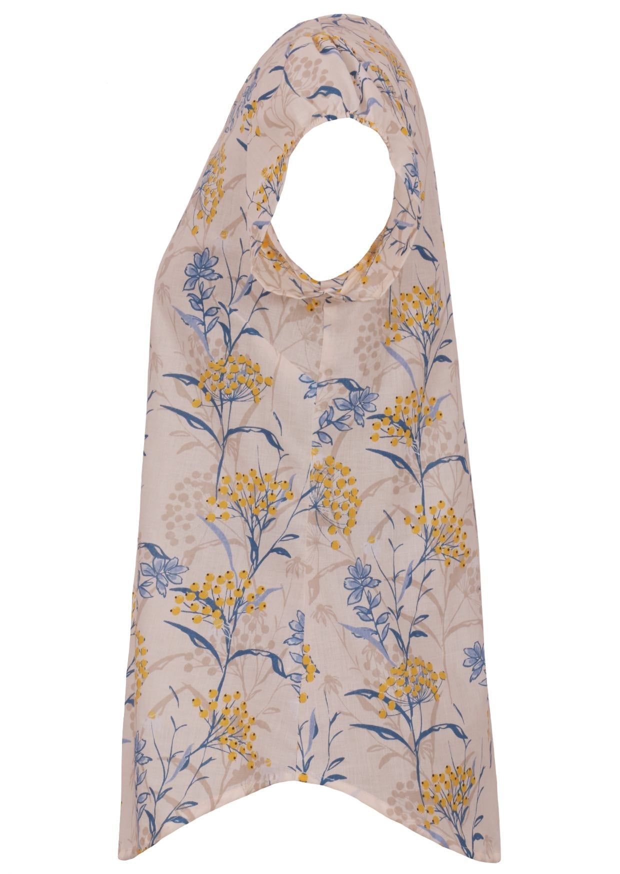 Side view of neutral based floral print cotton top with cap sleeves.