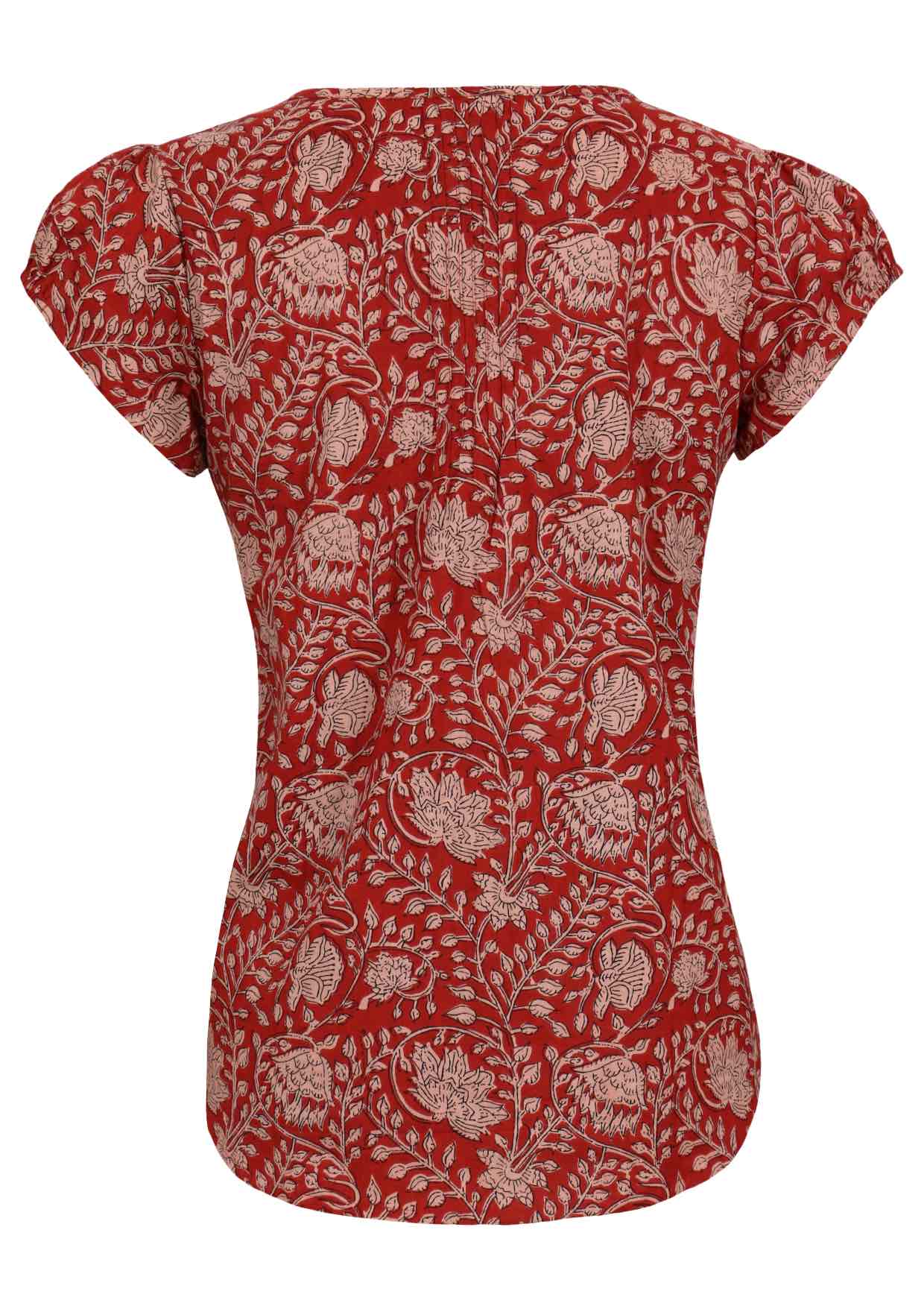 Back view of red based floral print cotton top on a white background.