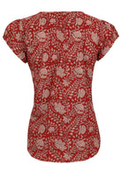 Back view of red based floral print cotton top on a white background.