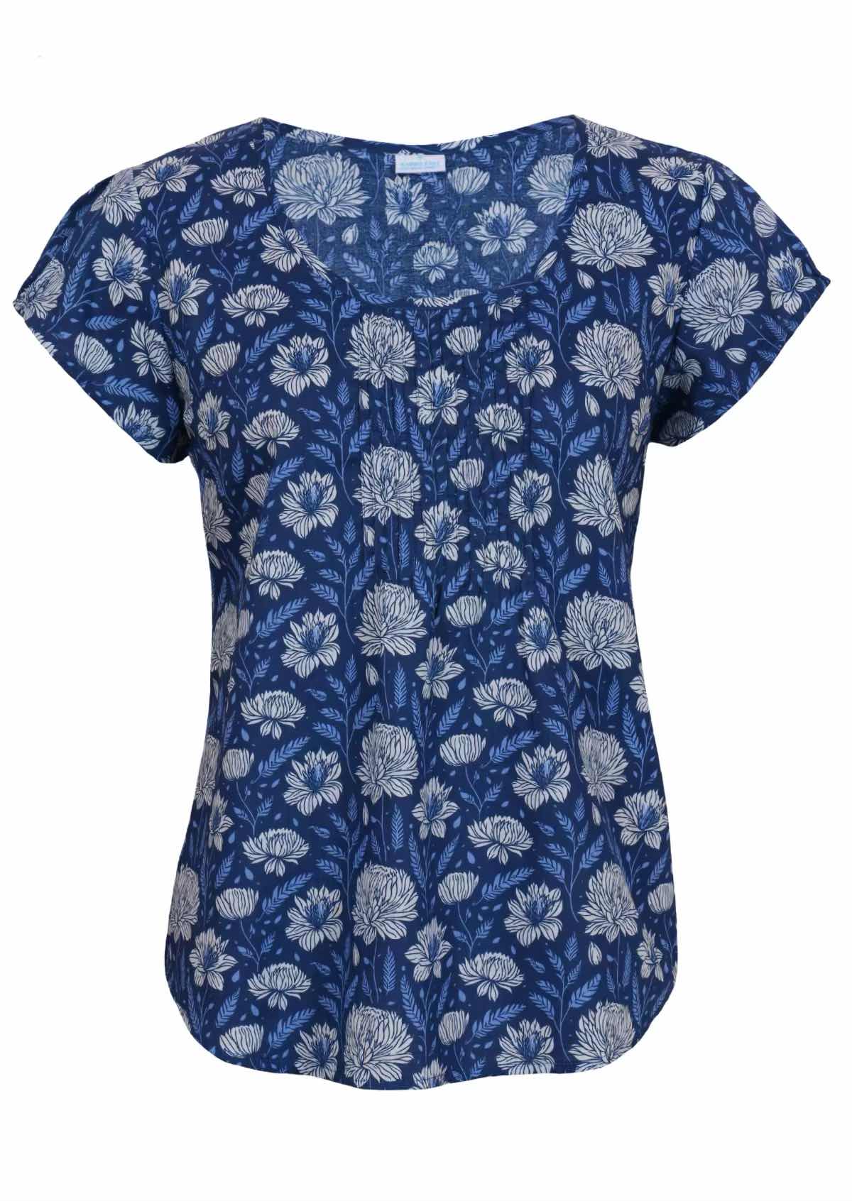 100 percent cotton navy floral blouse with scoop neck cap sleeves
