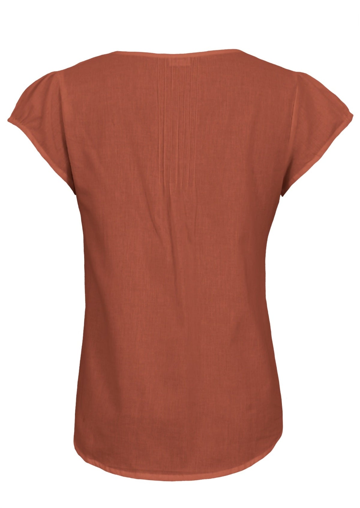 100% cotton short sleeved top in rust orange with tiny pleated details at centre of the back.