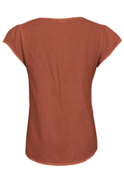 100% cotton short sleeved top in rust orange with tiny pleated details at centre of the back.