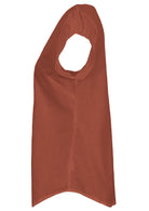 Side view of cotton cap sleeved top with a  longer hem at the front and back