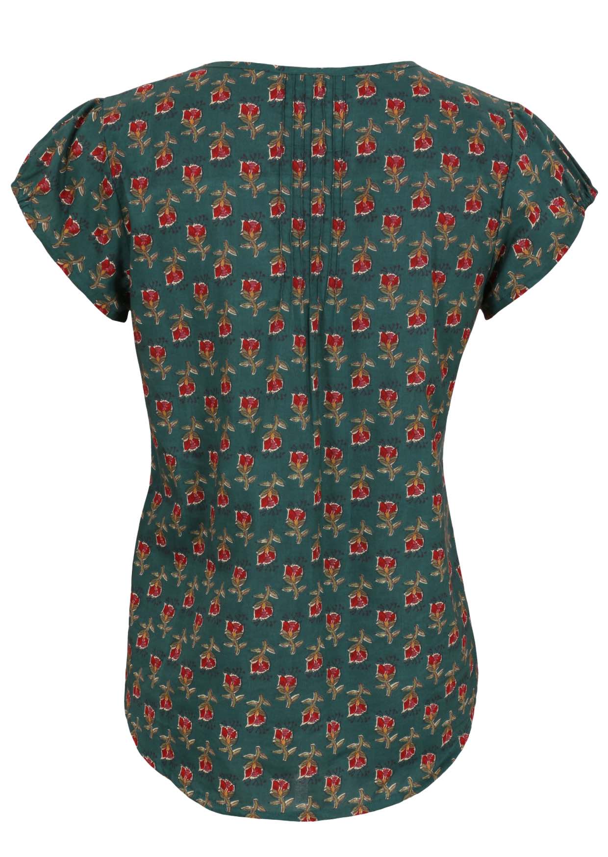 Back view of bottle green based motif in red, pink, green, and mustard floral print cotton top.