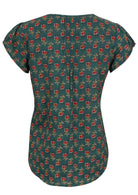 Back view of bottle green based motif in red, pink, green, and mustard floral print cotton top.