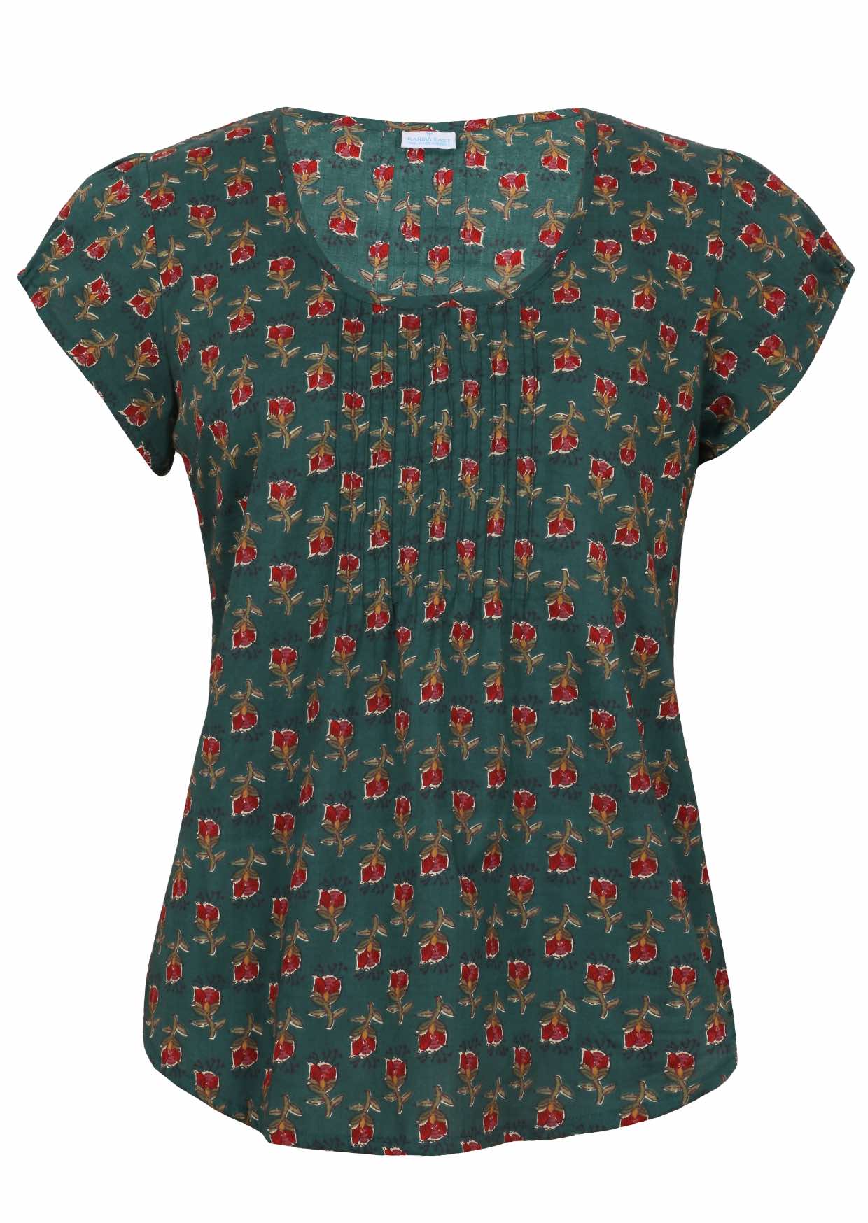 Bottle green based motif in red, pink, green, and mustard floral print cotton top with U-shaped neckline.