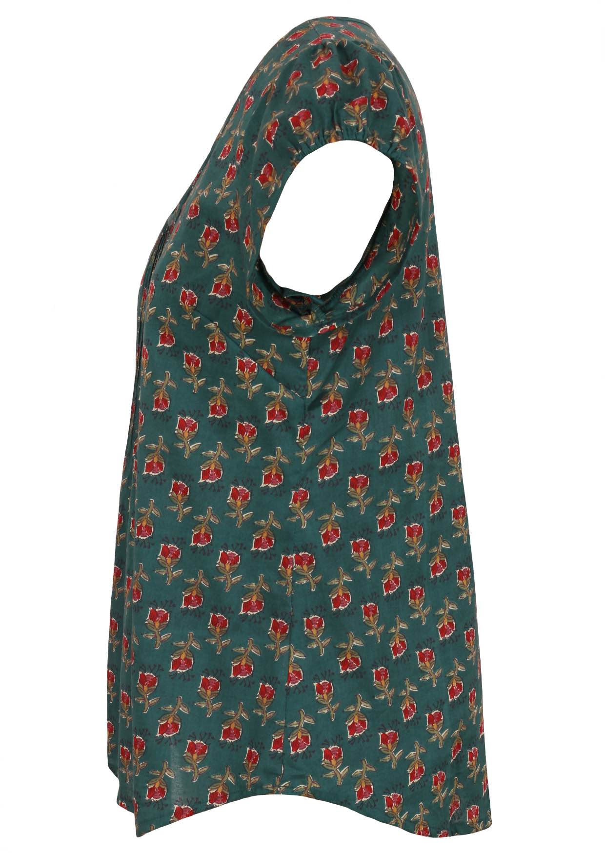 Side view of bottle green based motif in red, pink, green, and mustard floral print cotton top.