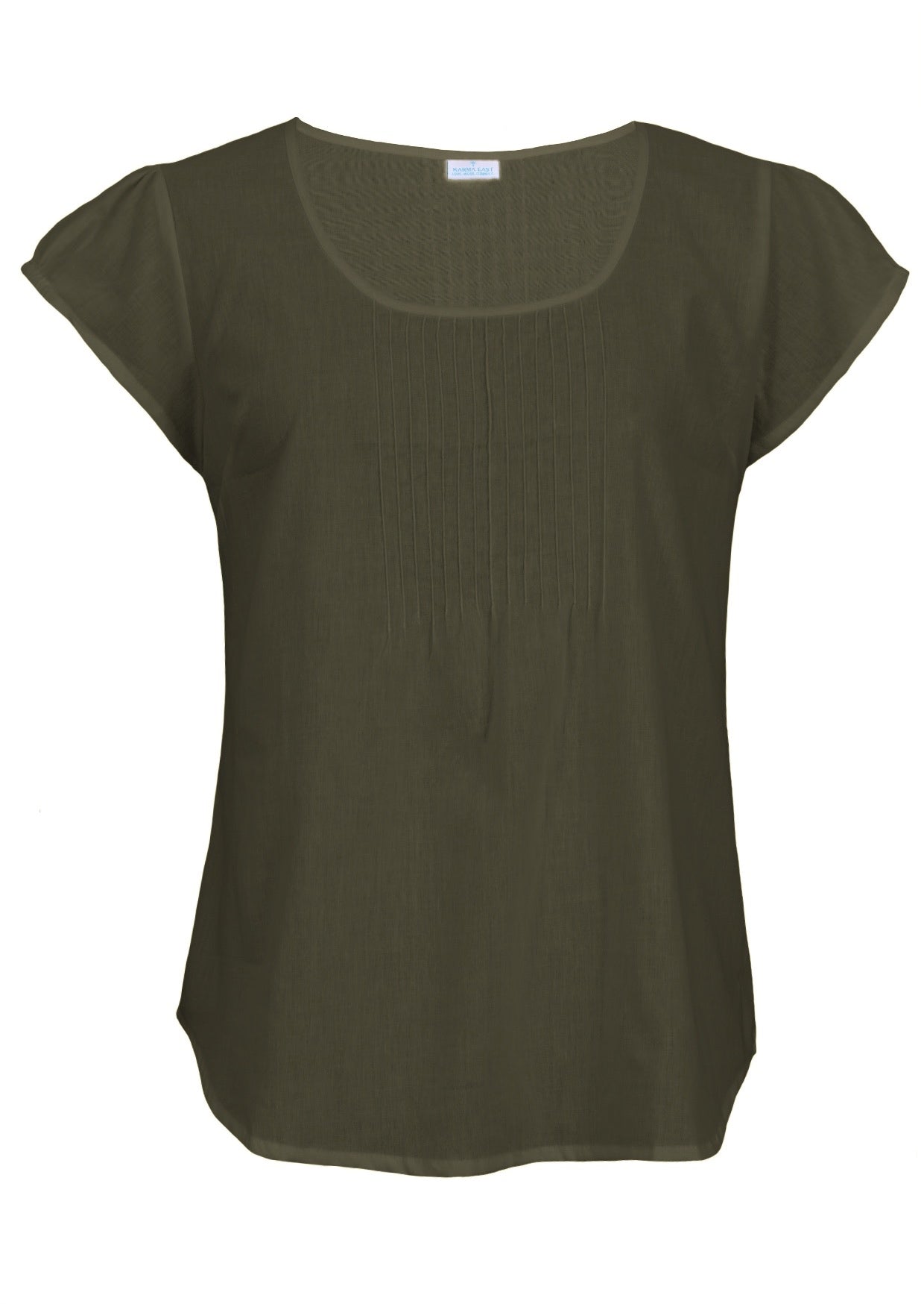 Olive green cap sleeve cotton top with pin-tucks in the centre of the bodice