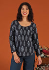 Navy Blue Cotton Model in blouse with floral motif and scoop neck