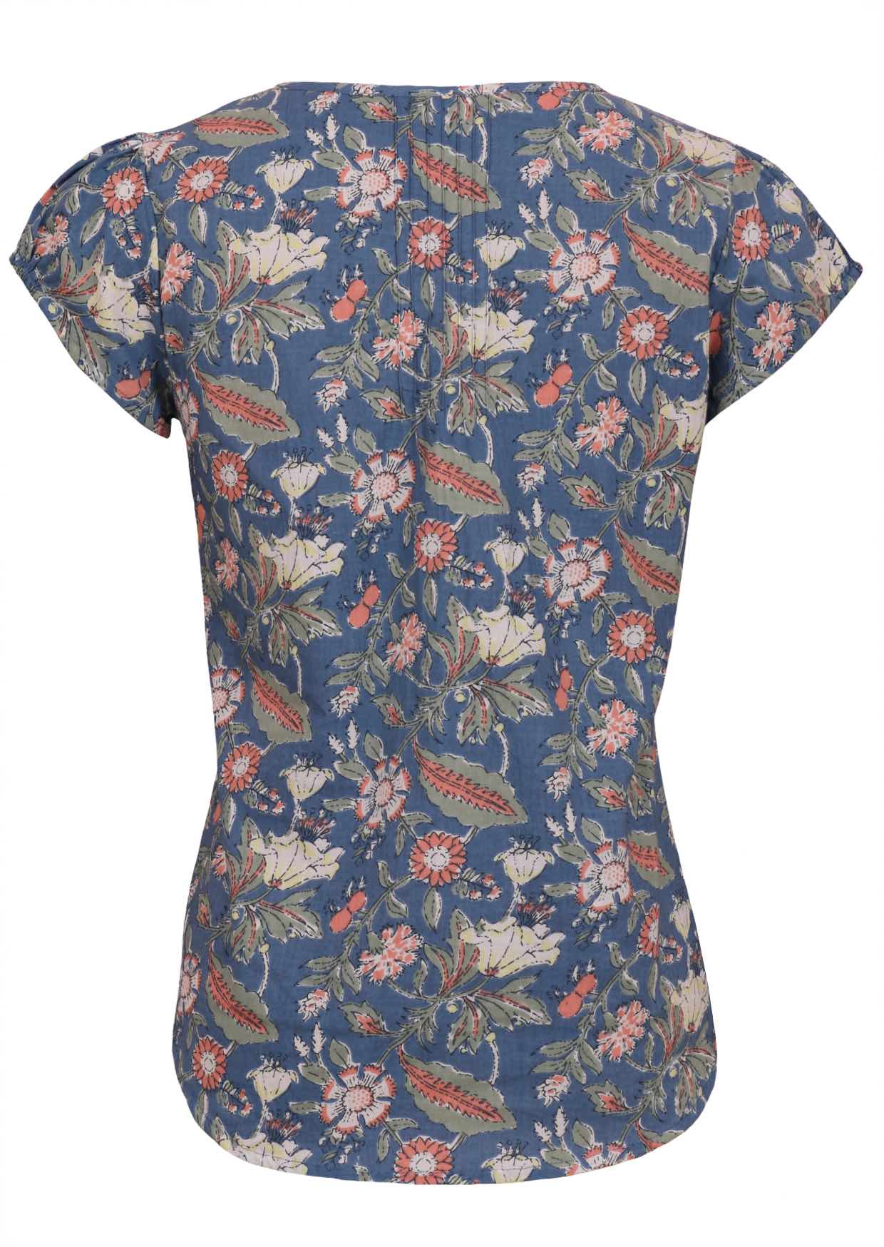 Dusty blue based floral print short sleeve cotton top with pin tucks in centre back