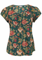 Green based floral print cotton top with U-shaped neckline.