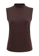 Sleeveless soft stretch rayon jersey mock turtleneck top in dark brown