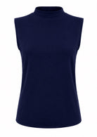 Navy blue mock turtleneck sleeveless soft stretch rayon top