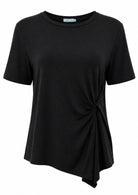 Black short sleeve, crew-neck top with twist detail on one side of the front, made from soft, stretch rayon