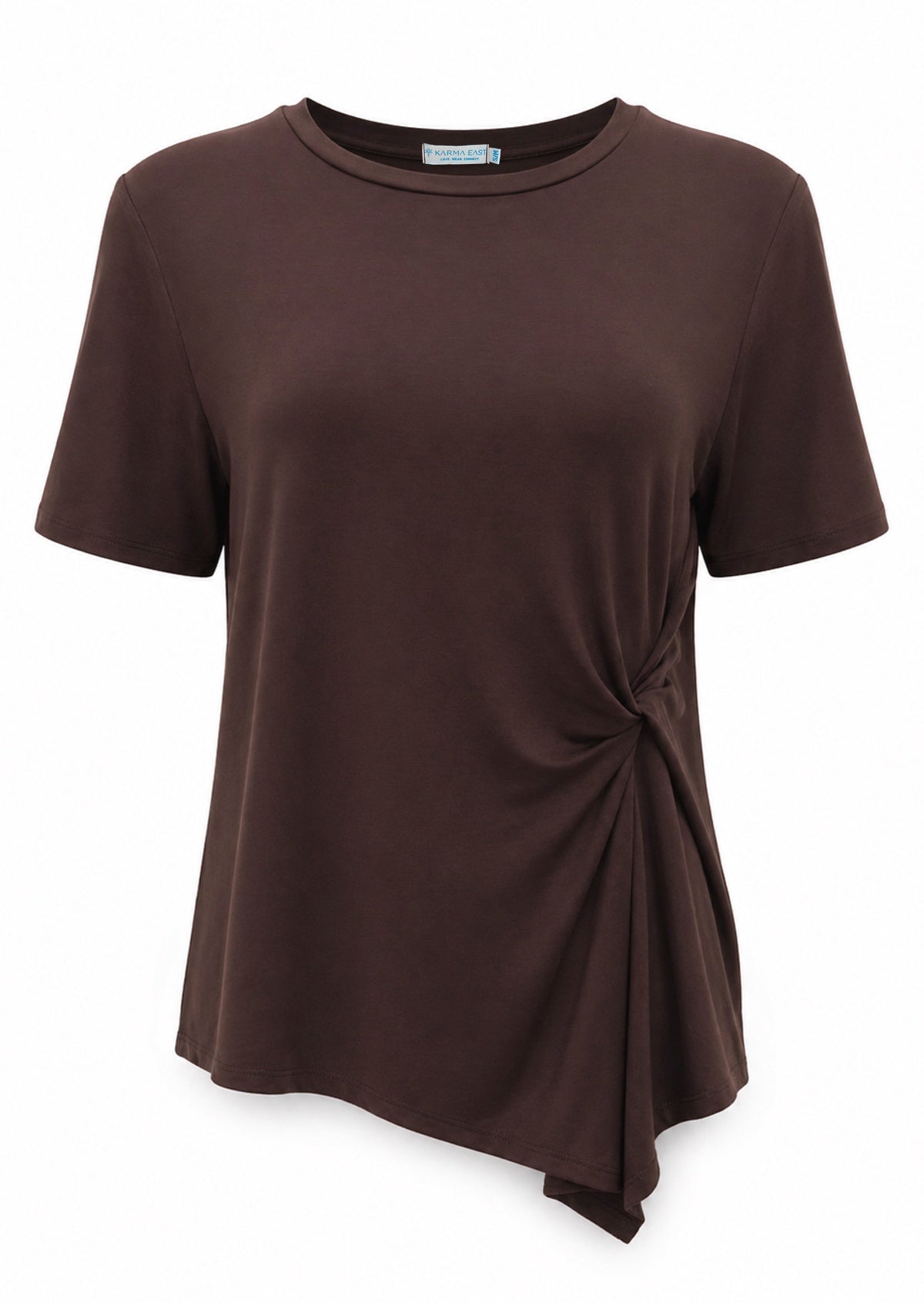 Short sleeve stretch rayon jersey top with a twist feature in the front, in dark brown
