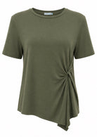 Olive green short sleeve, crew-neck top with twist detail on one side of the front, made from soft, stretch rayon