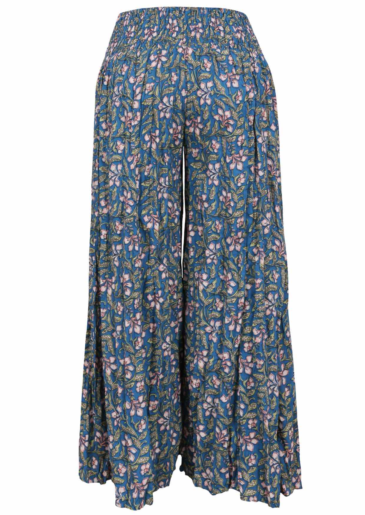 Cerulean blue based block style floral print rayon pant with elasticated smocked waistband.