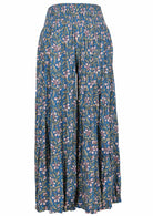 Wide legged rayon pant with cerulean blue based block style floral print.
