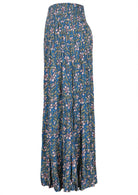 Cerulean blue based block style floral print rayon pant on a white background.