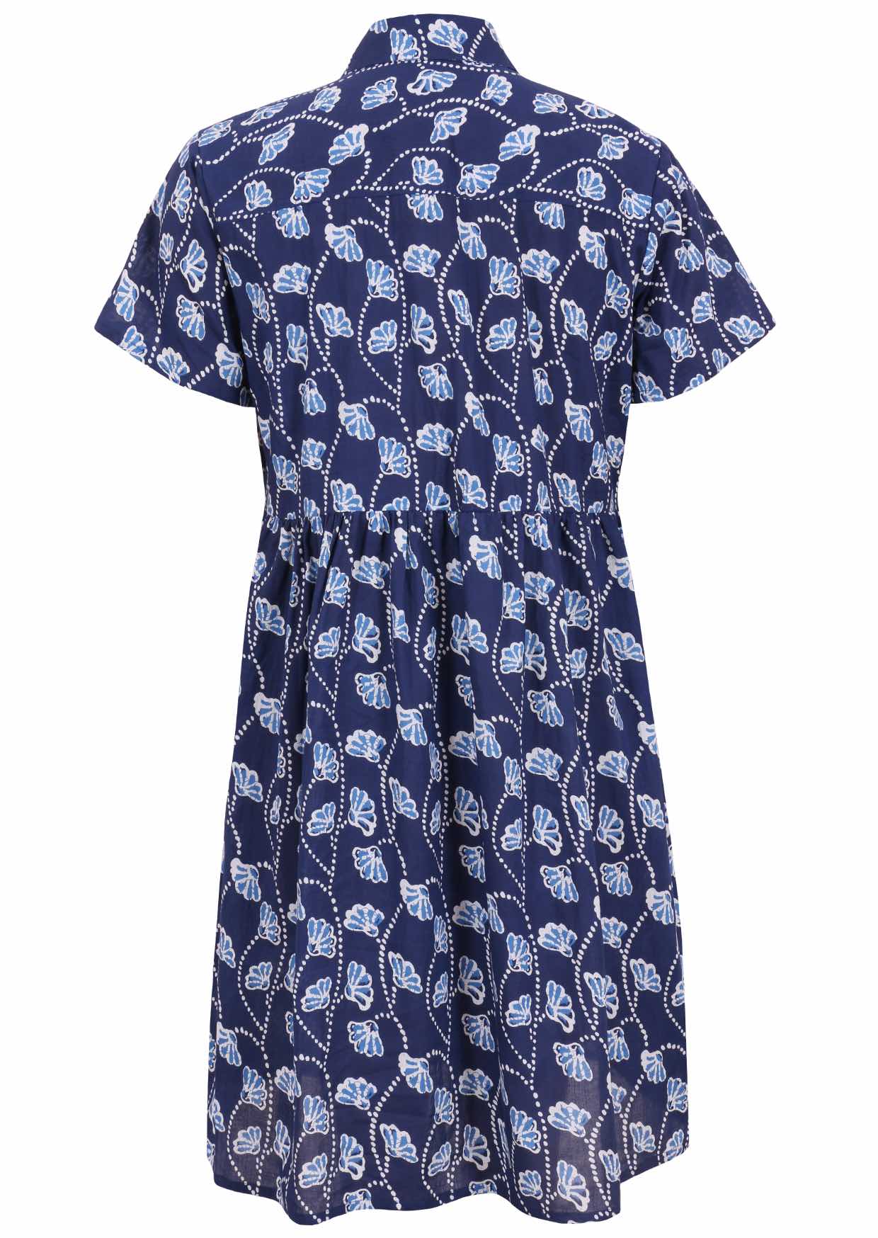 Back view of clematis print on dark blue base cotton relaxed fit collared short sleeve dress