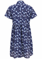 Back view of clematis print on dark blue base cotton relaxed fit collared short sleeve dress