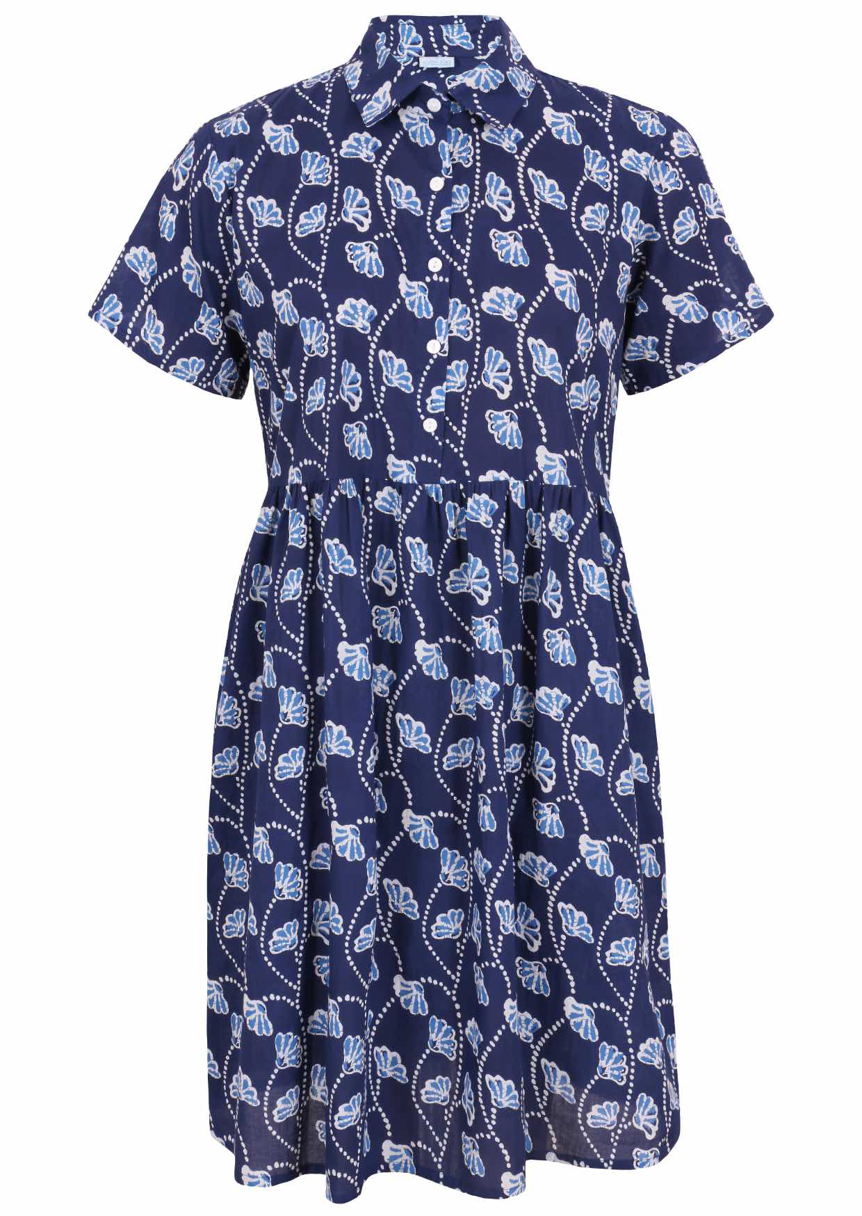 Clematis print on dark blue base cotton relaxed fit collared short sleeve dress