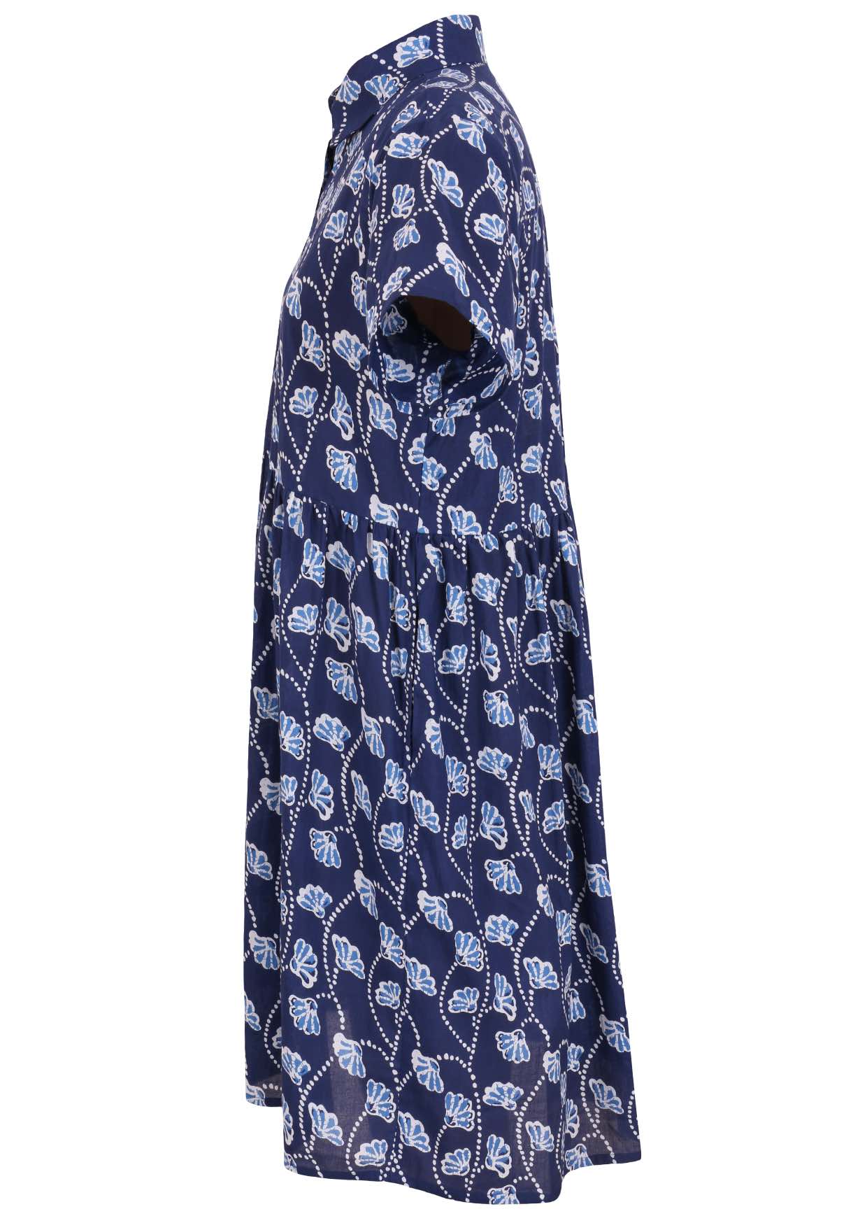 Side view of clematis print on dark blue base cotton relaxed fit collared short sleeve dress with hidden side pockets