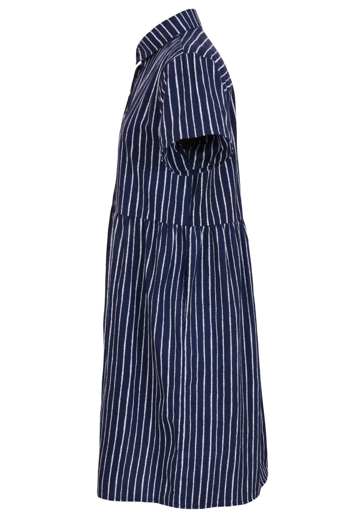 Side view of shikari print on dark blue base cotton relaxed fit collared short sleeve dress with hidden side pockets