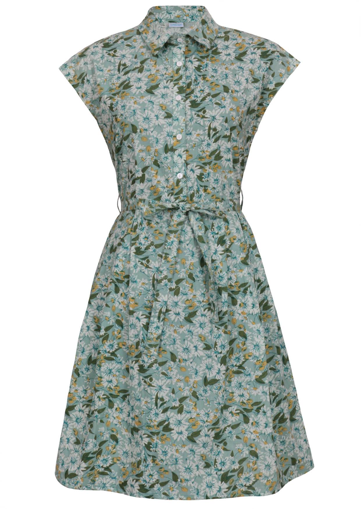 Front view cotton Ursula Dress in Daisy print on mannequin