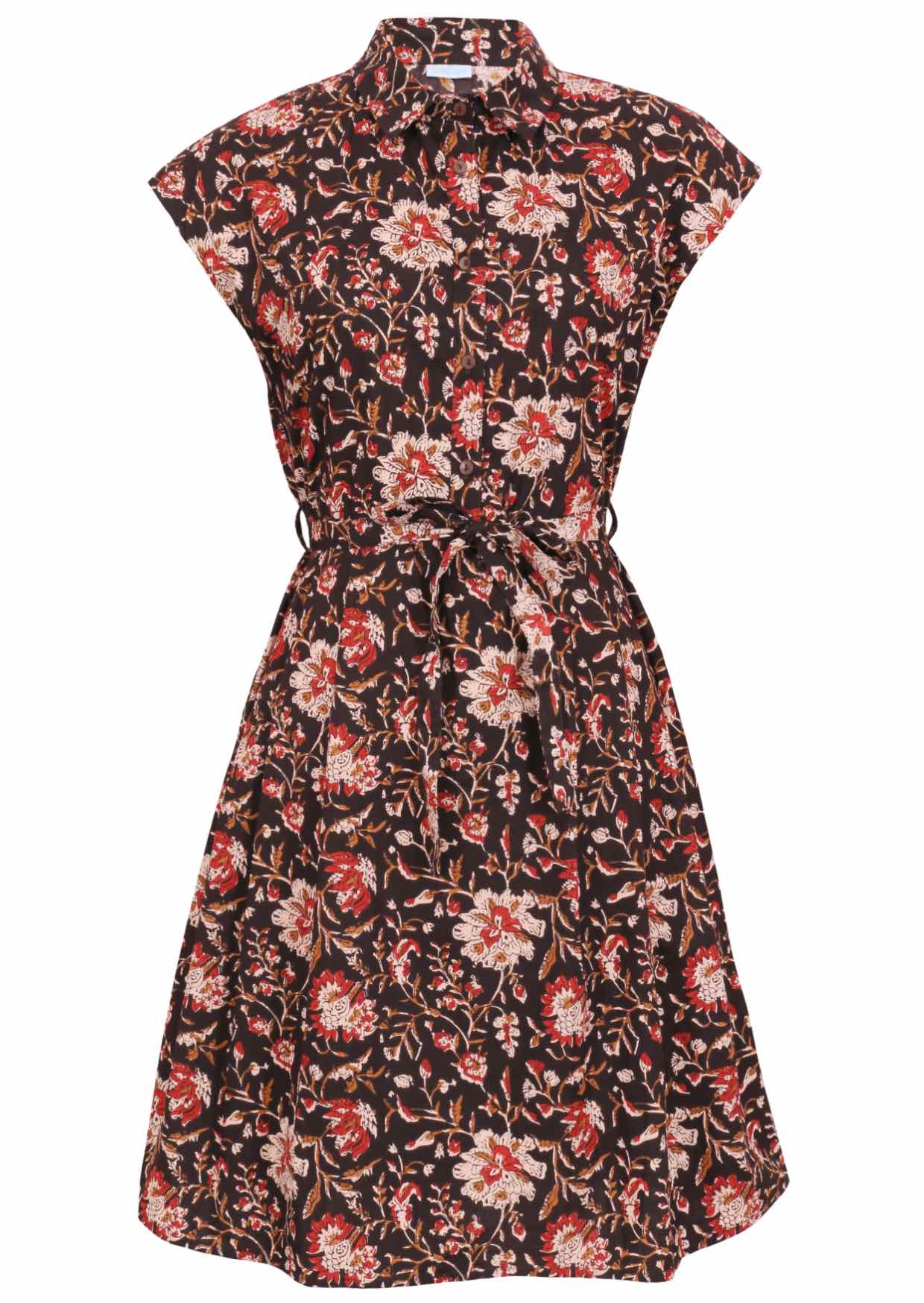 Black based traditional Indian floral print cotton dress with collar neck.