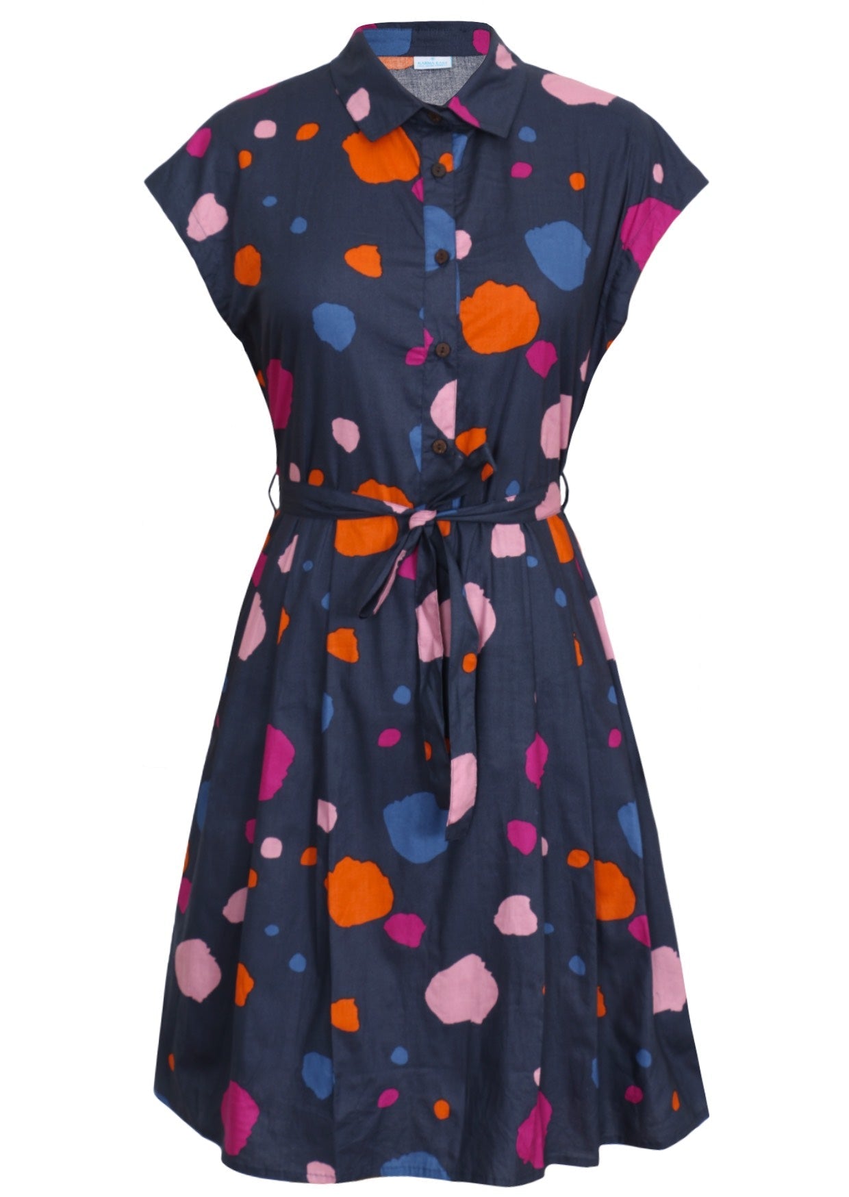 Navy buttoned bodice collared dress with colourful abstract print