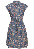 100% cotton knee length shirt style dress in dusty blue with cap sleeves, buttoned bodice, box pleats and fabric waist tie
